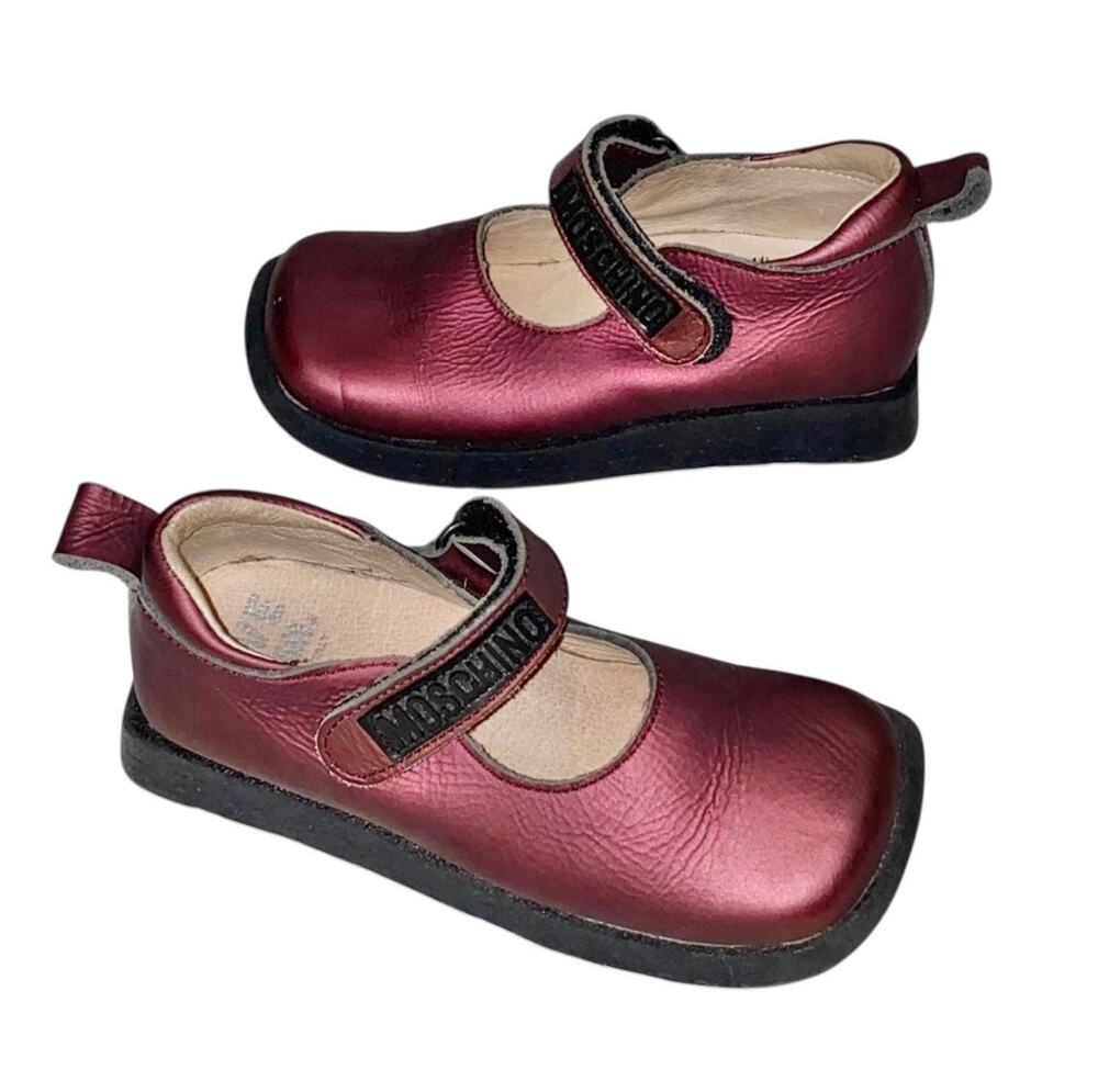 Love Moschino Burgundy Girls Sz 4 Mary Jane Leather Rubber Logo Shoes
